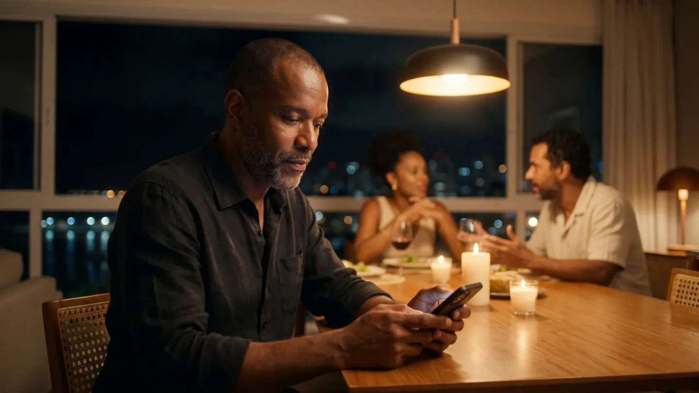 João, à noite, à mesa de jantar com amigos, olha uma mensagem no celular.