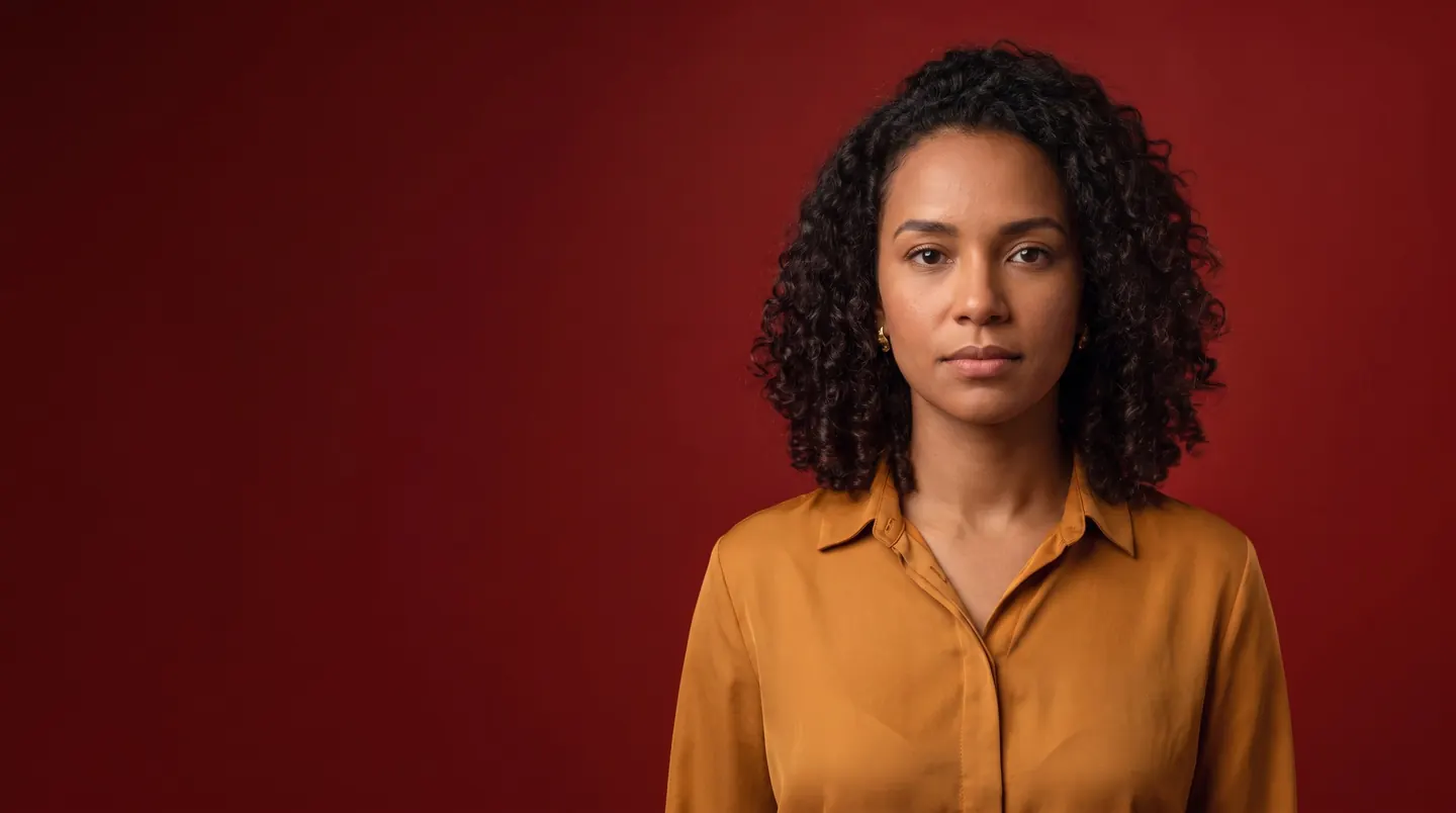 Luana, de frente, sobre fundo vermelho.